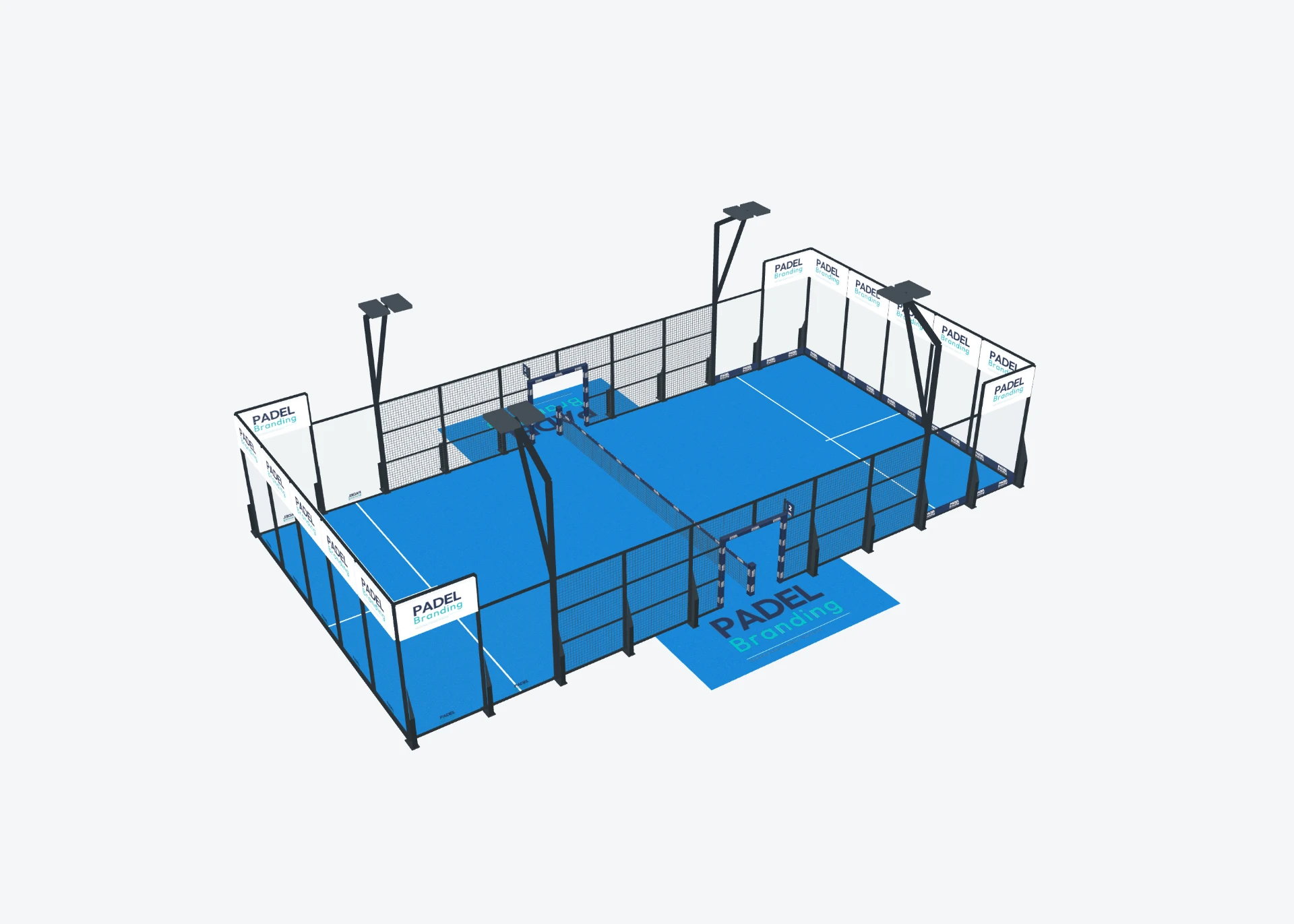 Padelbaan met netband, stootkussens en 14 baandoeken van Padel Branding